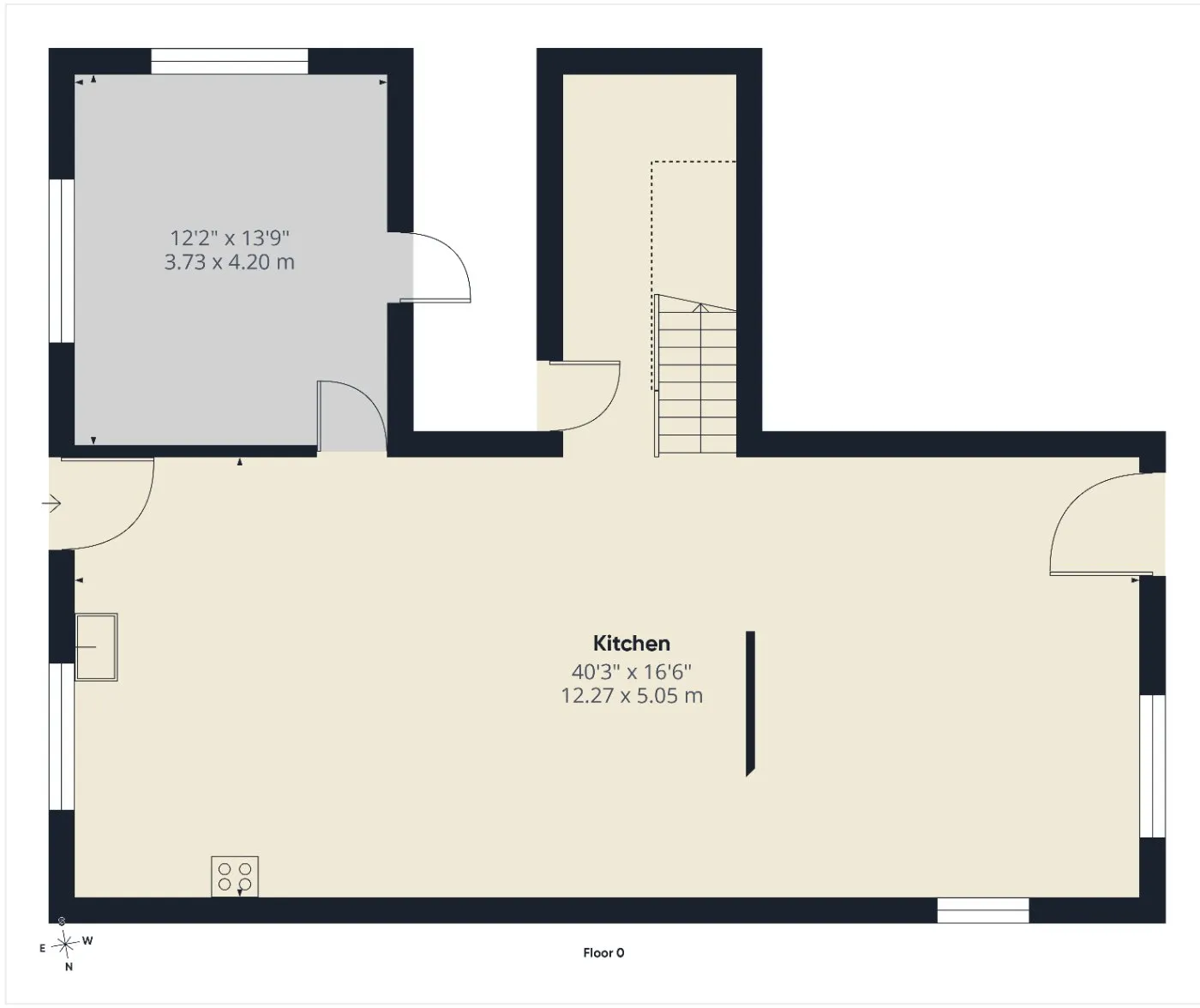 Floor 0 plan: kitchen 12.27 x 5.05 m and a 3.73 x 4.20 m room