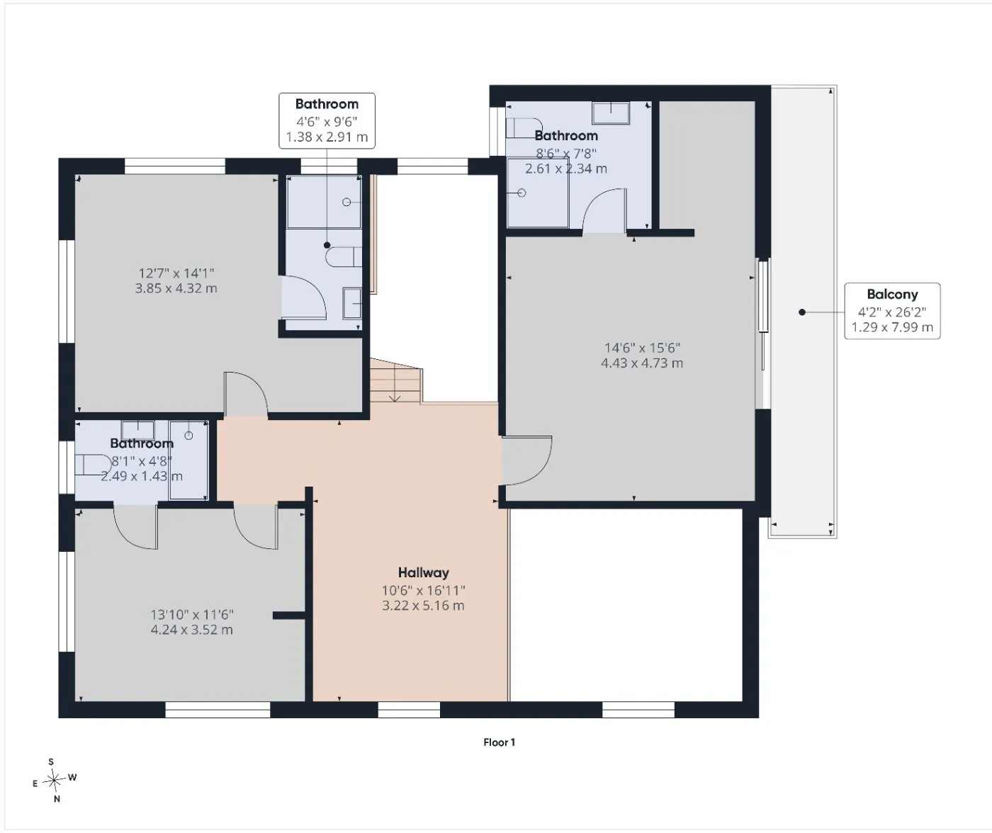 Floor 1 plan: hallway, three rooms, three bathrooms and balcony